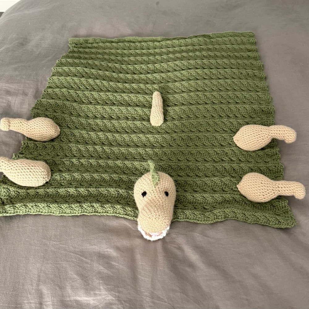 Cream and Green Textured Knit Blanket with Whimsical Character